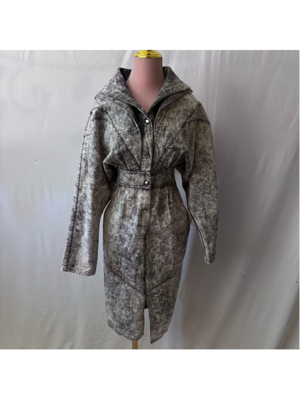 Vintage MASS Paris New York 80s Acid Wash Denim Coat Dress S Belted New Wave